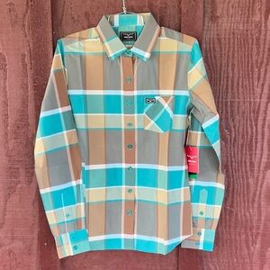 Kimes Ranch Turquoise and Tan Plaid Button Down Shirt